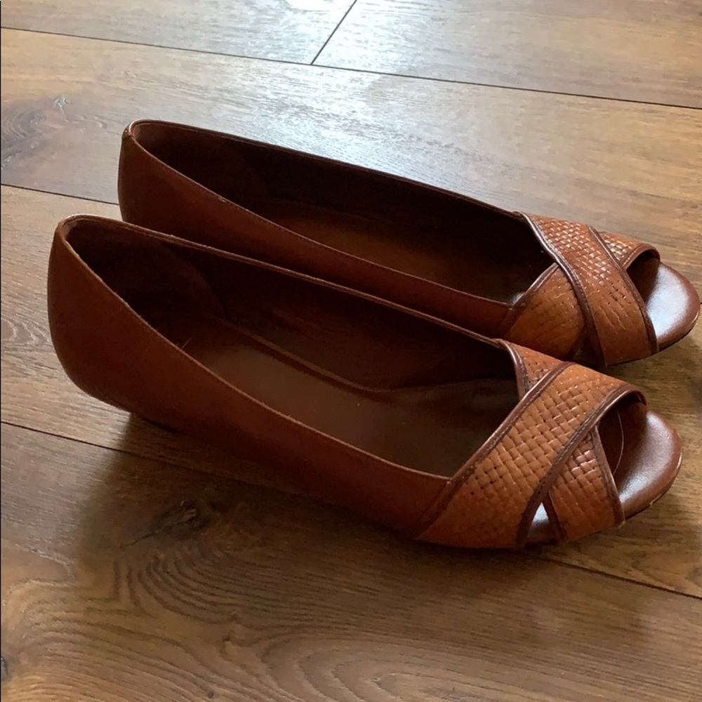 Cole Haan brown leather open toe wedge heels